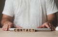 Various contact options concepts. Contact word is written on a wood block and transparent a symbol mail, address, telephone, and