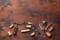 Various corkscrews and wine corks Royalty Free Stock Photo