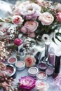 various cosmetics and flowers on the table. selective focus.