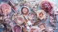 various cosmetics and flowers on the table. selective focus.