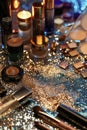 various cosmetics and flowers on the table. selective focus.