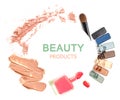 Various cosmetics isolated over white.