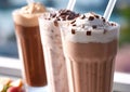 Various creamy milkshakes with whipped cream on cafe table.Macro.AI Generative