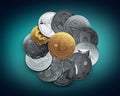 Various cryptocurrencies and a golden bitcoin on the top as the most valueable crypto Royalty Free Stock Photo