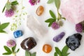 Various crystals or raw gemstone minerals with wild flowers.