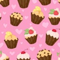 Various Cupcake and muffin vector seamless pattern in flat cartoons style. Happy birthday cupcake background Royalty Free Stock Photo