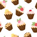 Various Cupcake and muffin vector seamless pattern in flat cartoons style. Happy birthday cupcake with fruits and berries Royalty Free Stock Photo