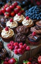 various cupcakes and chocolate pieces on wooden cut outs