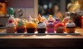 Various cupcakes sitting on a board in the kitchen.