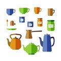 Various cups, mugs, teapots, coffee pot, jars and cans.