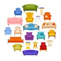 Various cushioned furniture. Vector. Sofas in the flat style. Royalty Free Stock Photo