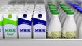 Various 3D milk containers on refrigerator