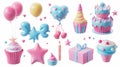 Various 3D modern realistic objects including toy balloons, hearts, star symbols, cupcakes, cakes, and gift boxes.