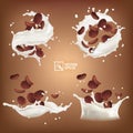 Various 3d realistic chocolate splashes of corn flakes or cereals in milk or yogurt