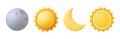 Various 3d sun and moon, crescent isolated icon. Realistic render of star and planet, full gray moon and yellow sunny