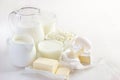 Various dairy products on white background