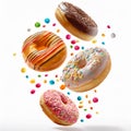 Various decorated doughnuts in motion falling on white background Royalty Free Stock Photo