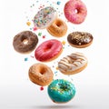 Various decorated doughnuts in motion falling on white background Royalty Free Stock Photo