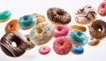 Various decorated doughnuts in motion falling on white background Royalty Free Stock Photo