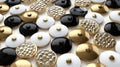 Various decorative buttons in a black, gold, and white color scheme. Background. Concept of sewing accessories, fashion Royalty Free Stock Photo