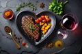 Various degrees of doneness of beef steak in the shape of half a heart with spices and vegetables on a stone dark