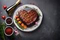 Various degrees of doneness of beef steak in the shape of a heart with spices, flowers on a stone dark background with