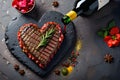 Various degrees of doneness of heart-shaped beef steak with spices, flowers and a bottle of wine on a stone dark