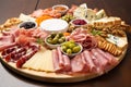 various deli meats spread out on a ceramic platter