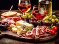 Various delicatessen snak set with wine glasses.Macro.AI Generative