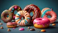 Various Delicious Donuts Covered With Colorful Glaze - Generative AI