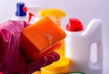 Various detergents on a white background.