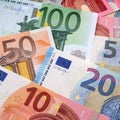 Various different Euros banknote bills background square format Royalty Free Stock Photo