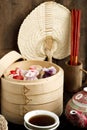 Various Dim SUm Dumpling on Bamboo Steamer. Concept Chinese Restaurant Royalty Free Stock Photo