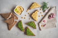 Various dip sauces on grey table, top view. The spread on the bread of chickpea. Royalty Free Stock Photo