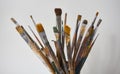 Various dirty paint brushes in a black cup isolated on white Royalty Free Stock Photo
