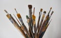 Various dirty paint brushes in a black cup isolated on white