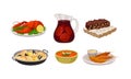 Various Dishes in Bowl and Plate and Beverage Poured in Glass Jar Vector Set