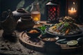 various dishes of typical Asian food, on round wooden table, CREATED WITH GENERATIVE AI TECHNOLOGY