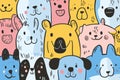 Various dog faces express joy and curiosity in a playful doodle style, inviting creative text to fill the empty space Royalty Free Stock Photo