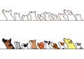 Dogs and cats looking up profile border set