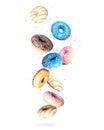 Various donuts in the air on a white background