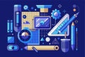 Various drafting instruments are arranged on a blue background, ideal for technical drawing projects, Tool for drawing and Royalty Free Stock Photo