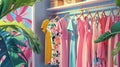 Various dresses and shirts hanging on a rack in a fashionable womens closet. Summer wardrobe display in a designer dress Royalty Free Stock Photo