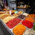 Various dried fruits on the Mahane Yehuda Market. Royalty Free Stock Photo