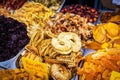 Various dried fruits on the Mahane Yehuda Market. Royalty Free Stock Photo
