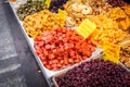 Various dried fruits on the Mahane Yehuda Market. Royalty Free Stock Photo