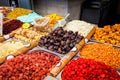 Various dried fruits on the Mahane Yehuda Market. Royalty Free Stock Photo