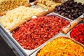 Various dried fruits on the Mahane Yehuda Market. Royalty Free Stock Photo