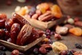 Various dried fruits and nuts in wooden dish