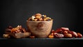 Various dried fruits and nuts in wooden dish. Royalty Free Stock Photo